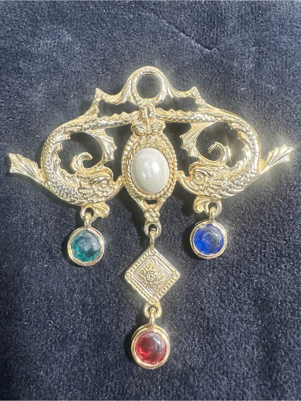 🔥Vtg Asian Double Koi Fish & Bezel Set Colored Crystal Accent Articulated Brooch